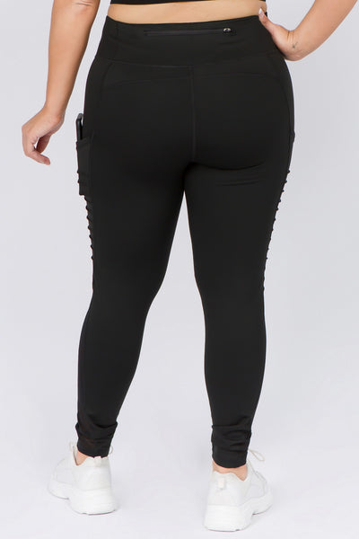 Women’s High Rise Black Mesh Moto Leggings with Side Pocket – ribbed moto detailing and breathable mesh panels for gym, yoga, and everyday wear - Back View