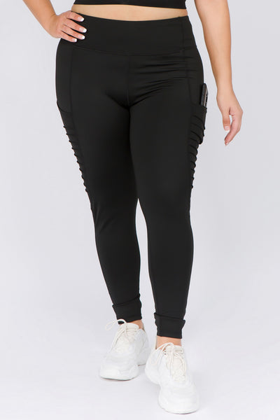 Women’s High Rise Black Mesh Moto Leggings with Side Pocket – ribbed moto detailing and breathable mesh panels for gym, yoga, and everyday wear - Front View