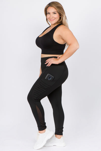 Women’s High Rise Black Mesh Moto Leggings with Side Pocket – ribbed moto detailing and breathable mesh panels for gym, yoga, and everyday wear - Side Pose