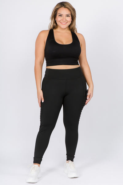 Women’s High Rise Black Mesh Moto Leggings with Side Pocket – ribbed moto detailing and breathable mesh panels for gym, yoga, and everyday wear