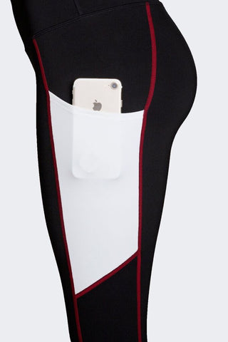 Women’s Black and White High Rise Colorblock Leggings with Red Trim and Tech Pockets – squat-proof workout leggings for gym, yoga, and running - Pocket